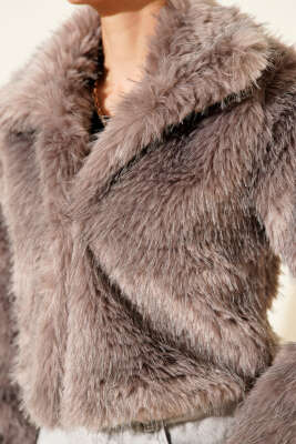 Astarlı Kruvaze Yaka Kürk Mont Vizon - Thumbnail