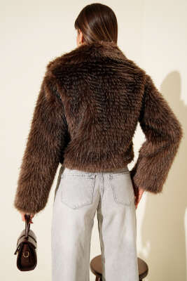 Astarlı Kruvaze Yaka Kürk Mont Kahve - Thumbnail