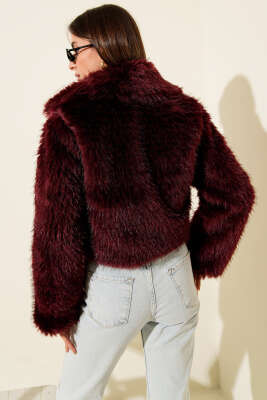 Astarlı Kruvaze Yaka Kürk Mont Bordo - Thumbnail