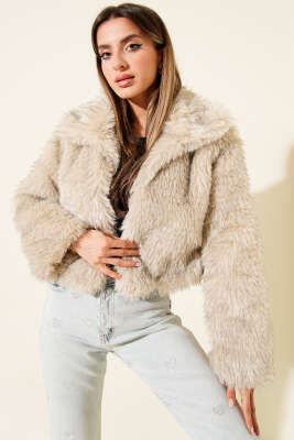 Pazarium - Astarlı Kruvaze Yaka Kürk Mont Bej