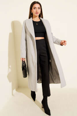 Pazarium - Şal Yaka Kuşaklı Kaşe Kaban Gri