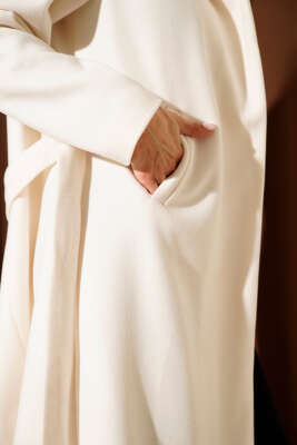 Şal Yaka Kuşaklı Kaşe Kaban Krem - Thumbnail