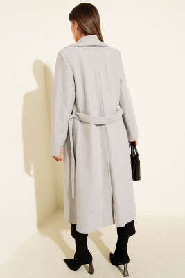 Şal Yaka Kuşaklı Kaşe Kaban Gri - Thumbnail