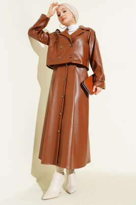 Pazarium - Kruvaze Yaka Deri Etekli İkili Takım Taba