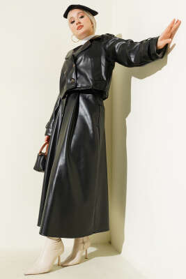 Pazarium - Kruvaze Yaka Deri Etekli İkili Takım Siyah