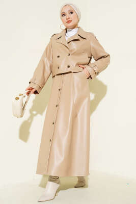 Pazarium - Kruvaze Yaka Deri Etekli İkili Takım Bej