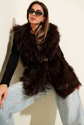 Pazarium - Kemerli Kürklü Lolita Yelek Kahve