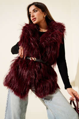 Pazarium - Kemerli Kürklü Lolita Yelek Bordo