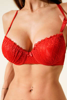 Sırtı Çapraz Dantelli Destekli Sütyen Kırmızı - Thumbnail