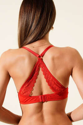 Sırtı Çapraz Dantelli Destekli Sütyen Kırmızı - Thumbnail