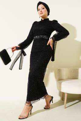 Pazarium - Bilek Tül Bağcıklı Pul Payet Abiye Elbise Siyah