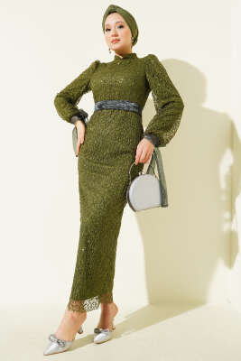 Pazarium - Bilek Tül Bağcıklı Pul Payet Abiye Elbise Haki