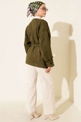 Tek Düğmeli Kuşaklı Süet Ceket Haki - Thumbnail