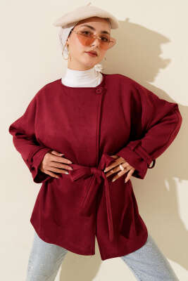 Pazarium - Tek Düğmeli Kuşaklı Süet Ceket Bordo