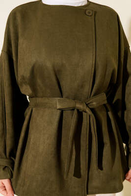 Tek Düğmeli Kuşaklı Süet Ceket Haki - Thumbnail