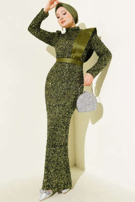 Omuz Saten Parçalı Pul Payet Abiye Elbise Haki - Thumbnail