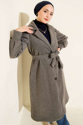 Kruvaze Yaka Kuşaklı Astarlı Kaşe Kaban Füme - Thumbnail