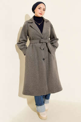 Kruvaze Yaka Kuşaklı Astarlı Kaşe Kaban Füme - Thumbnail