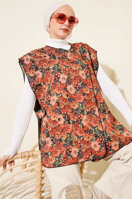 Etnik Desen Çıtçıtlı Yelek Kiremit - Thumbnail