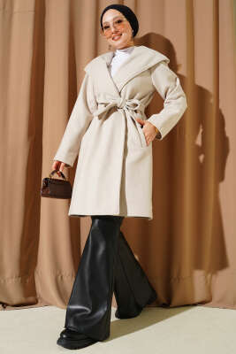 Kuşaklı Kapüşonlu Kaşe Kaban Taş - Thumbnail