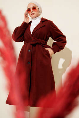 Kruvaze Yaka Kuşaklı Astarlı Kaşe Kaban Bordo - Thumbnail