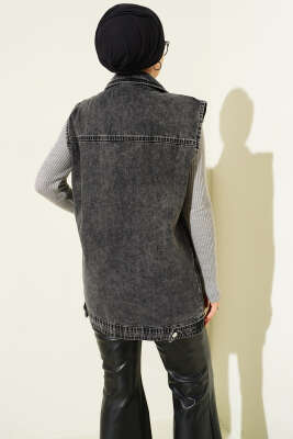 Cep Detaylı Kot Yelek Füme - Thumbnail