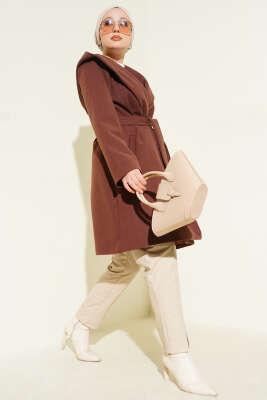 Kuşaklı Kapüşonlu Kaşe Kaban Kestane - Thumbnail