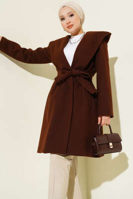 Kuşaklı Kapüşonlu Kaşe Kaban Kahve - Thumbnail