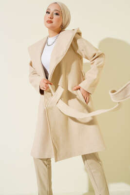 Kuşaklı Kapüşonlu Kaşe Kaban Bej - Thumbnail