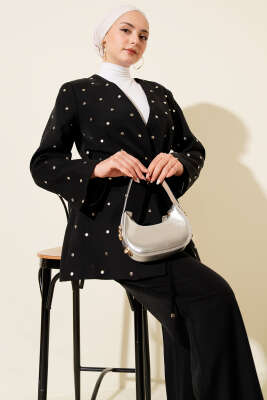 Zımbalı Ceketli Tencel İkili Takım Siyah - Thumbnail