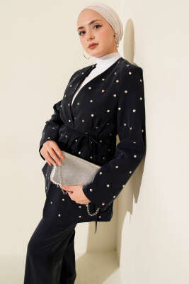 Pazarium - Zımbalı Ceketli Tencel İkili Takım Lacivert