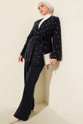 Zımbalı Ceketli Tencel İkili Takım Lacivert - Thumbnail