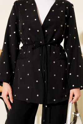 Zımbalı Ceketli Tencel İkili Takım Siyah - Thumbnail