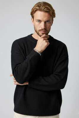 Pazarium - Yumoş Triko Erkek Kazak Siyah