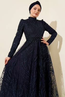 Pullu Simli Abiye Elbise Lacivert - Thumbnail