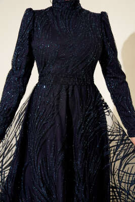 Pullu Simli Abiye Elbise Lacivert - Thumbnail