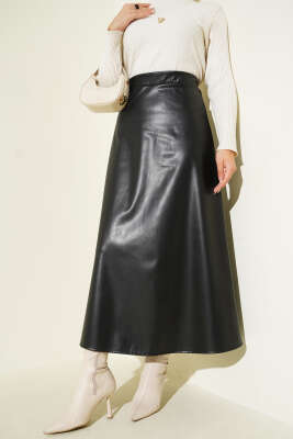 Pazarium - Bel Lastikli Kloş Basic Deri Etek Siyah