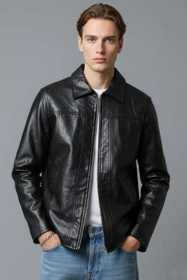 Pazarium - Fermuarlı Deri Erkek Mont Siyah