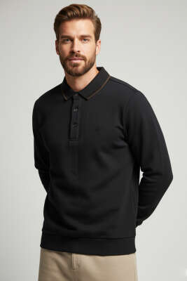 Pazarium - Polo Yaka Selanik Pamuklu Sweatshirt Siyah