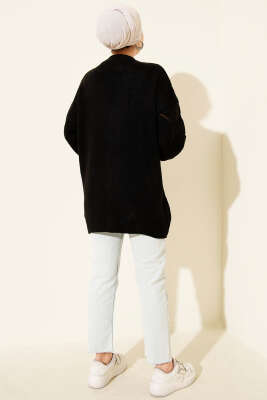 Çiçekli Baklava Desenli Triko Hırka Siyah - Thumbnail