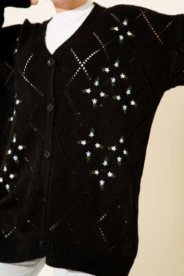 Çiçekli Baklava Desenli Triko Hırka Siyah - Thumbnail