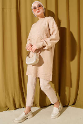 Salkım Kabartma Yumoş Triko Tunik Latte - Thumbnail