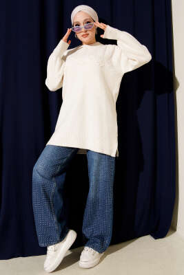 Salkım Kabartma Yumoş Triko Tunik Ekru - Thumbnail