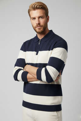 Yaka Fermuarlı Erkek Triko Kazak Lacivert - Thumbnail