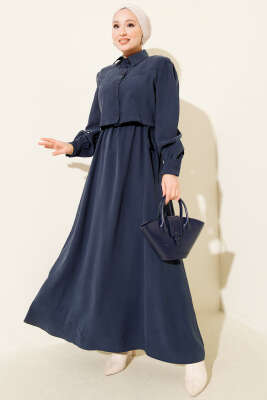 Pazarium - Düğmeli Bel Tünelli Tensel Jile Takım Lacivert