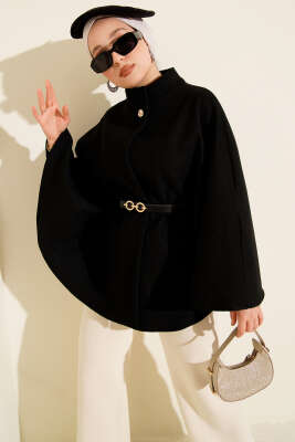 Pazarium - Tek Düğmeli Kemerli Kaşe Panço Siyah