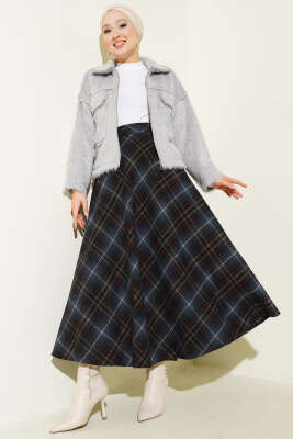 Ekose Desenli Kloş Kaşe Etek Lacivert - Thumbnail