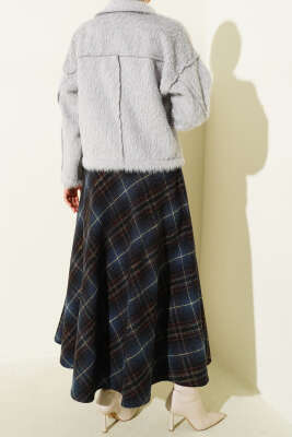 Ekose Desenli Kloş Kaşe Etek Lacivert - Thumbnail