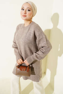 Kare Desenli Yumoş Triko Tunik Vizon - Thumbnail