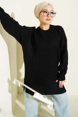 Pazarium - Kare Desenli Yumoş Triko Tunik Siyah